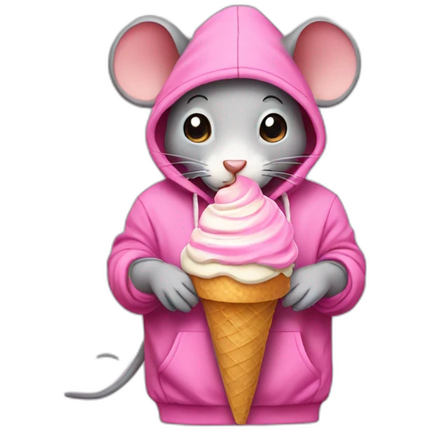grey mouse wearing a pink hoodie with ice cream emoji