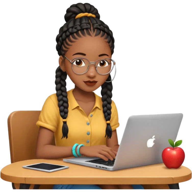 stylish black girl with braids typing on an Apple laptop, playful, bright atmosphere emoji