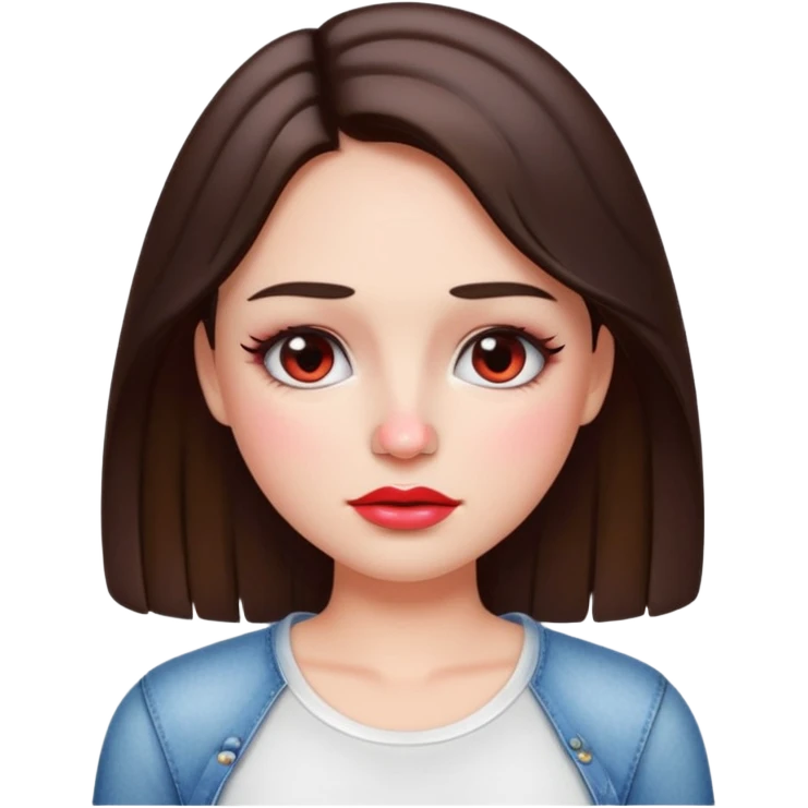 “Emoji brunette girl white top, dewy skin, heavy blush across cheeks and nose bridge, glossy cherry lips, soft eyeliner, teary sparkling eyes like hanni from new jeans emoji