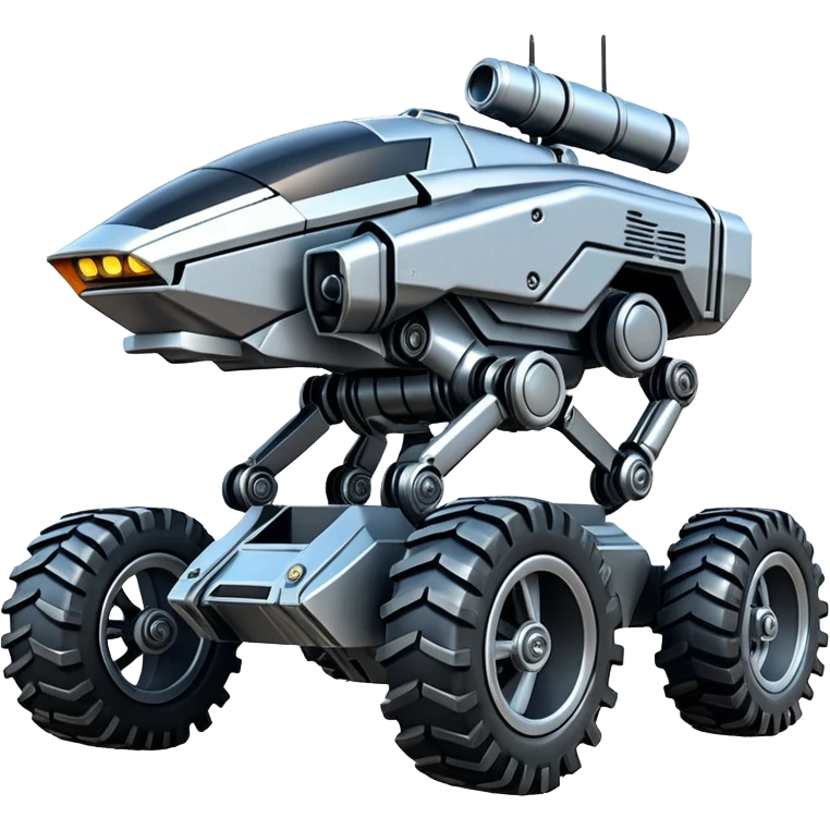 Futuristic jumping four-wheel armored canine sporty self-balancing massive mech trail assault vehicle motor-in-wheel side-hill leaning actively robotically articulating hydraulic independent suspended pod gimbal defender antique off-road racing rover with large fast engine basher crawler megatron  emoji