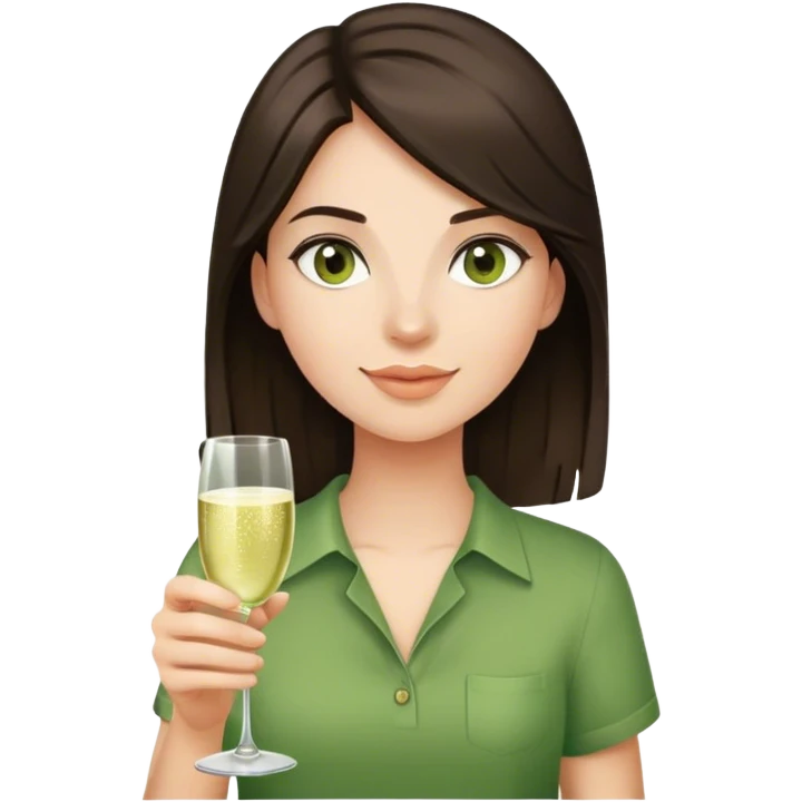Girl with dark brown hair wearing a green shirt and holding a champagne glass emoji
