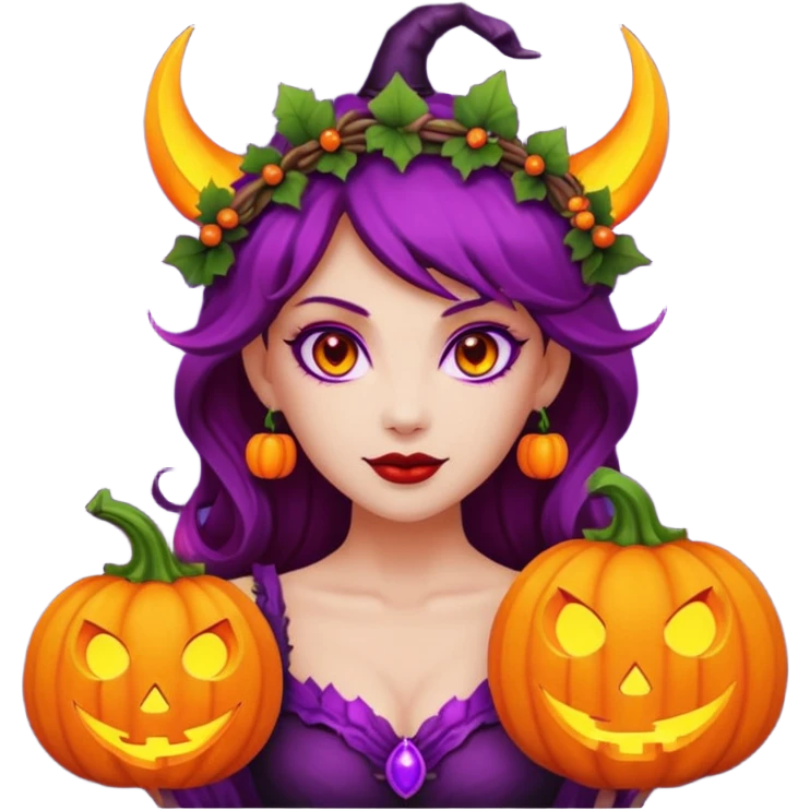 female-succubus-emoji,-red-skin,-purple-eyes,-elegant-face,-pumpkin-wreath-on-head,-with,-holding-small-glowing-pumpkin-lantern,-halloween-fantasy emoji
