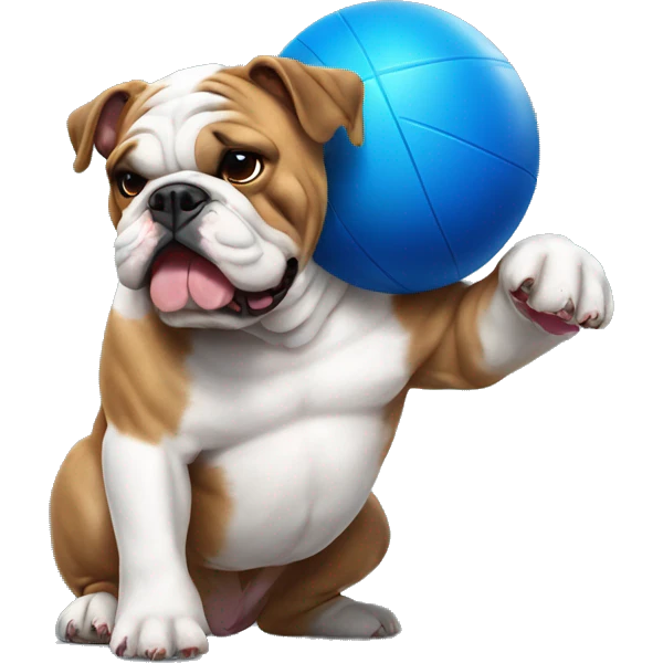 English bulldog playing with big blue ball emoji