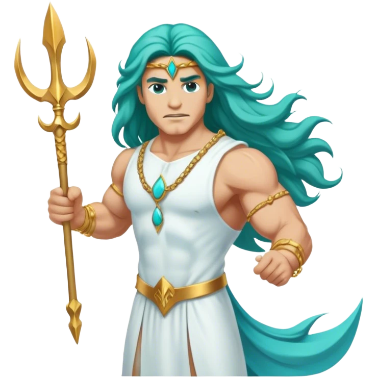 Muscular turquoisecolored long hair man white dress gold bracelet holding trident emoji