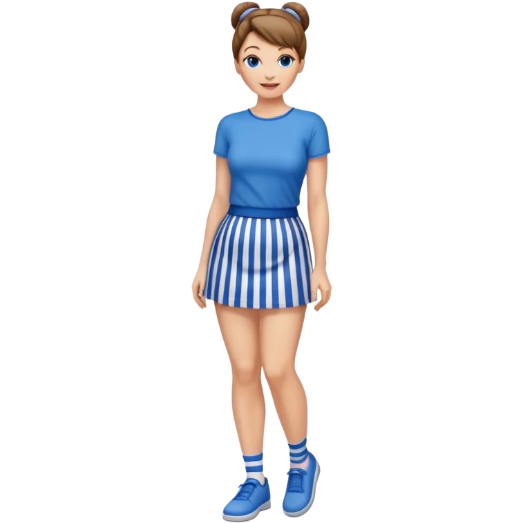 Pretty 50-year-old woman with 1 miniskirt that is blue and white striped brown hair in bun blue eyes and pretty legs emoji
