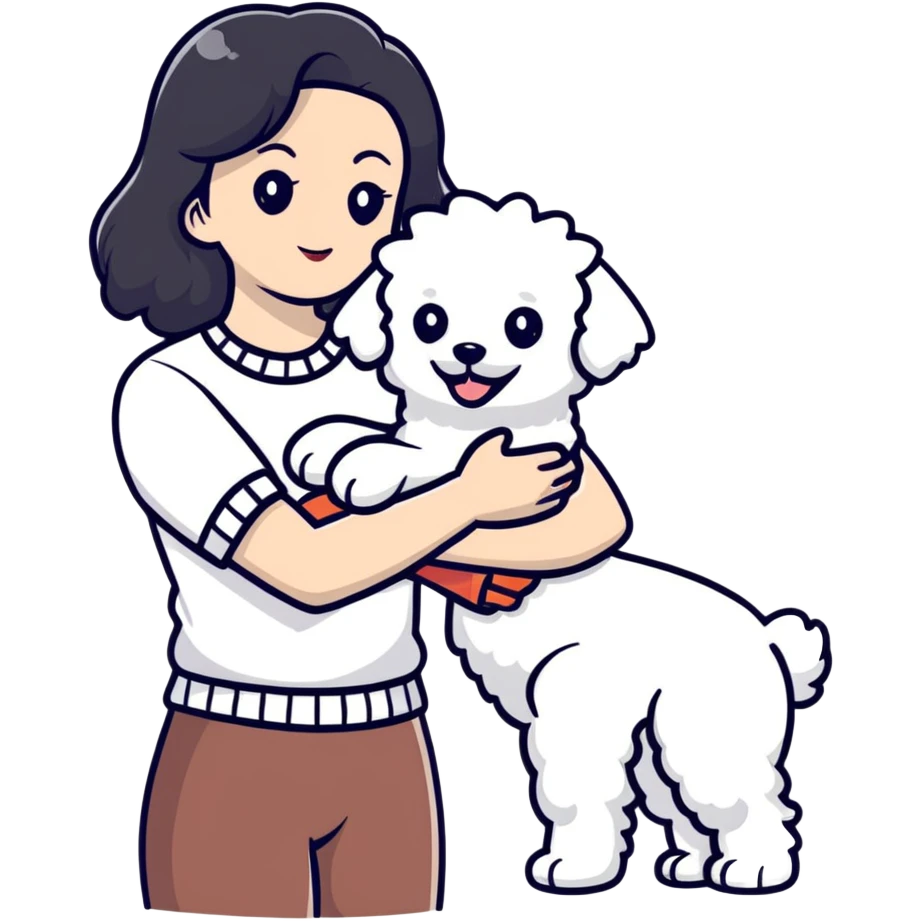 woman with long black hair holding white fluffy Bichon Frise dog emoji