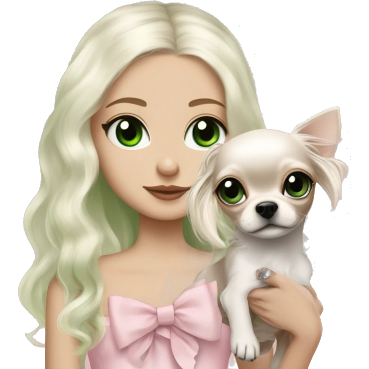 pale blonde girl with long platinum white wavy hair with bright green eyes and wearing a light pink hair bow holding a black and white long haired chihuahua puppy also wearing a hair bow emoji
