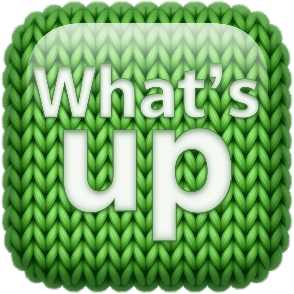 a green square with rounded corners logo of the "What's up" which is made of wool emoji