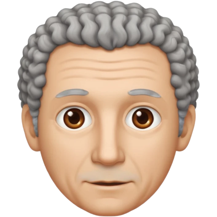 Illustrated emoji of a middle aged man with receding grey curly hair, brown eyes, white skin emoji
