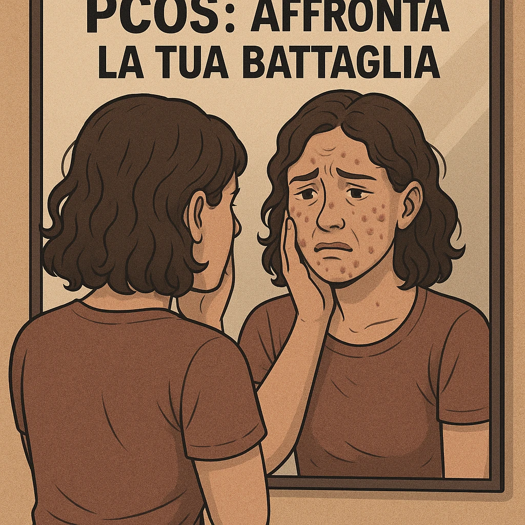 symbolic scene: woman with PCOS in front of mirror, looking at herself with expression of distress, reflection showing her suffering, Italian text: 'PCOS: affronta la tua battaglia', 4K quality emoji