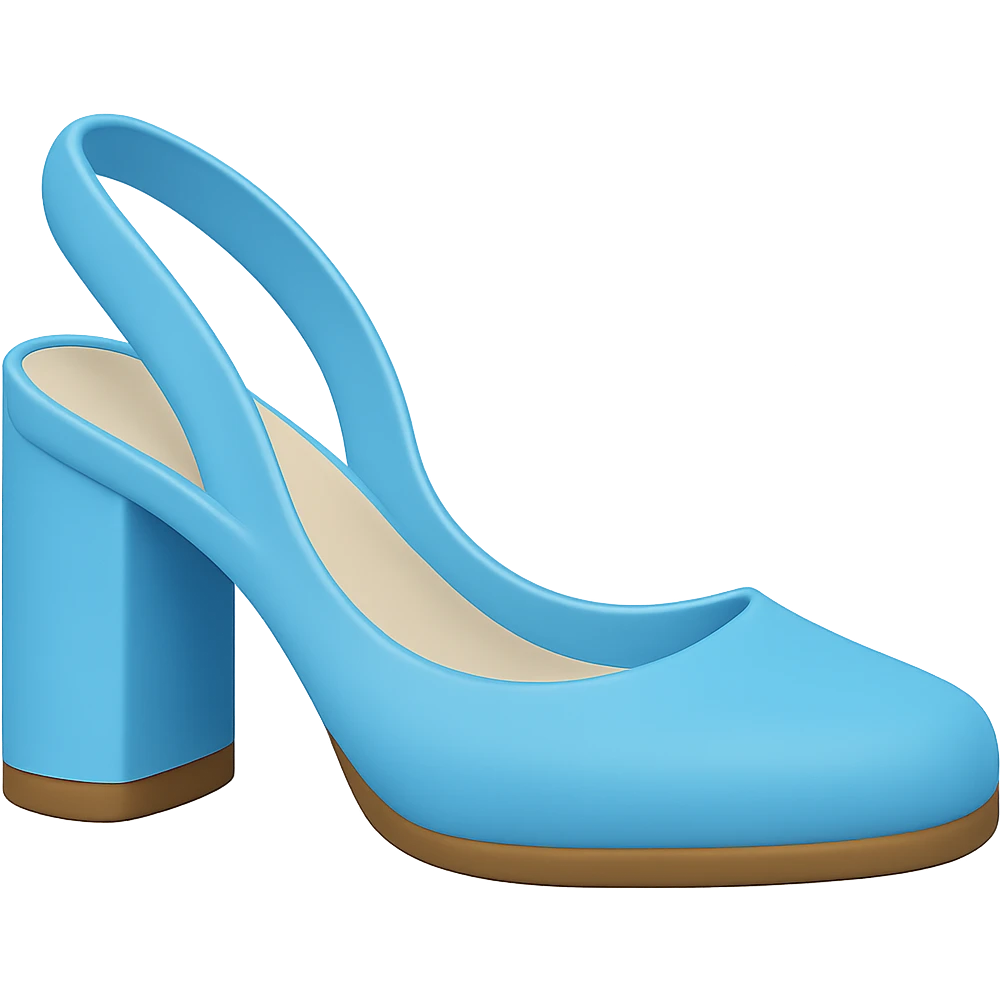 Slingback high heel with very thick heel in a lighter blue color, styled as an Apple emoji, with transparent background. emoji