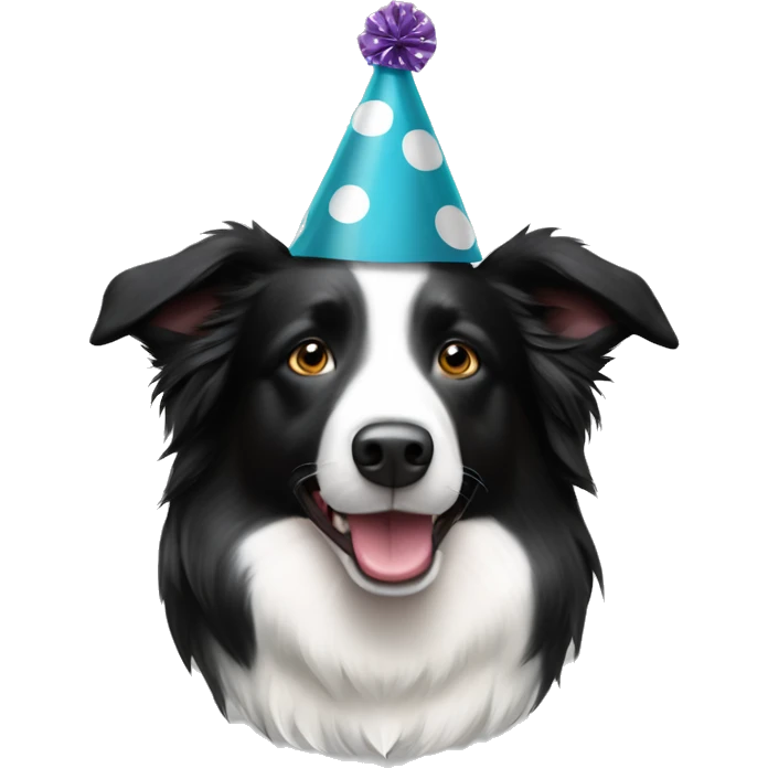 A black and white polka-dotted Border Collie wearing a party hat.   emoji