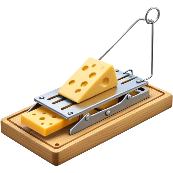 A 3D emoji in iOS emoji aesthetic style of a classic mousetrap with a wooden base and a metal spring mechanism, holding a small piece of yellow cheese, clean and detailed design, white background, glossy Apple-style rendering emoji