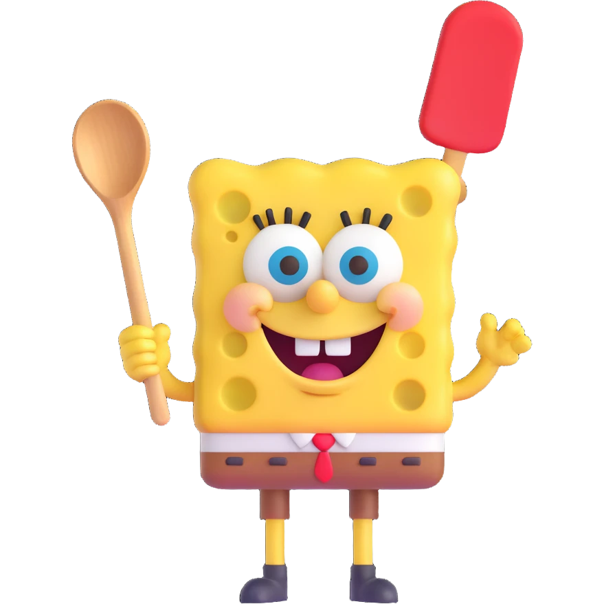SpongeBob SquarePants, 3D emoji style, rounded features, playful look, holding a spatula emoji
