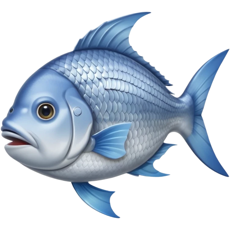 whole raw sea bream, natural arch, shiny silver scales, blue-grey top, pale belly, eye, fins, tail, mouth closed, fresh and firm, no plate, ice, garnish, clean 3D, soft shadows, transparent background, emoji scale emoji