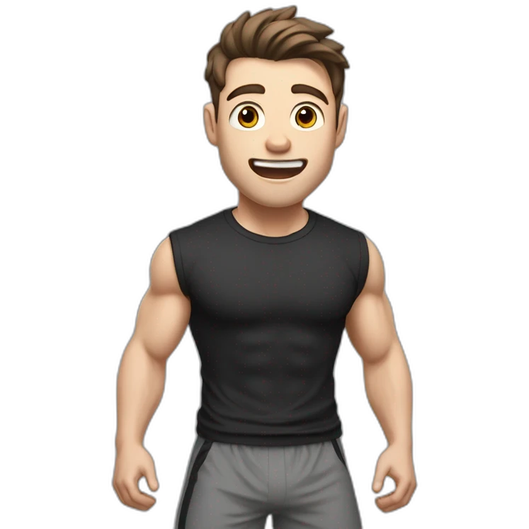 amazed Open with surprise mouth Pale skinned Fit Man With the biceps and dark brown hair in black shirt, gray sports shorts and white Sneakers emoji