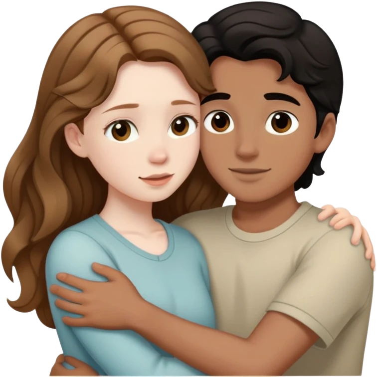girl with long light brown hair and pale skin hugging a boy with short black wavy hair and tanned skin emoji