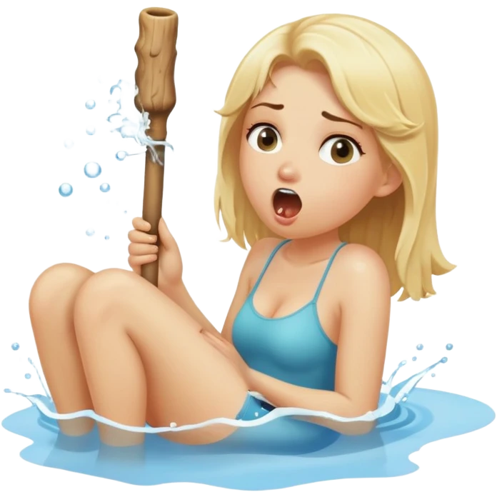 blond woman sitting on her knees, biting a wide stick with a D-shaped knob, both the same color as her skin, the knob has visible skin texture, water jet shooting from the flat side of the knob into her mouth, surprised look emoji