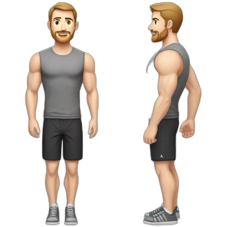 Full height Pale skinned muscular man With Realistic eyes and mouth, light brown hair and stubble In dark gray sleeveless mike, black oversize sports shorts, watch and white sneakers. emoji