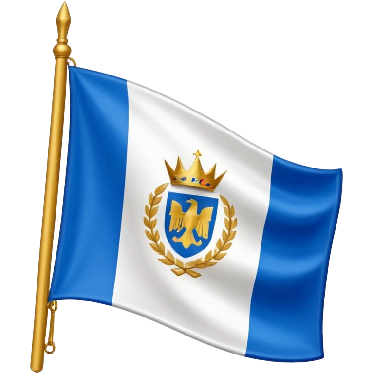 Hazme la bandera blanca con una franja azul de punta izquierda arriba a punta derecha abajo con un escudo en medio de la bandera de colores dorados emoji