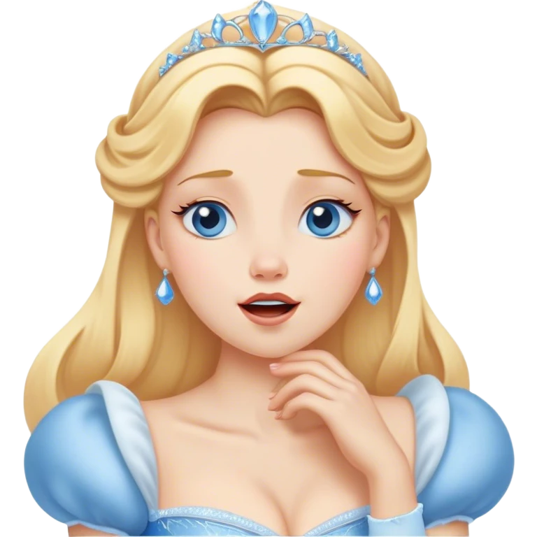 Cinematic Realistic Yawning Cinderella Portrait, showcasing lifelike porcelain skin and intricately detailed golden-blonde hair styled flawlessly as she mid-yawn reveals a moment of tender vulnerability. Her half-closed blue eyes and relaxed expression are rendered with natural, soft lighting that emphasizes the subtle textures of her face and the detailed, flowing fabric of her iconic gown. The scene glows with a cozy, authentic warmth that captures a rare, intimate moment of repose. emoji