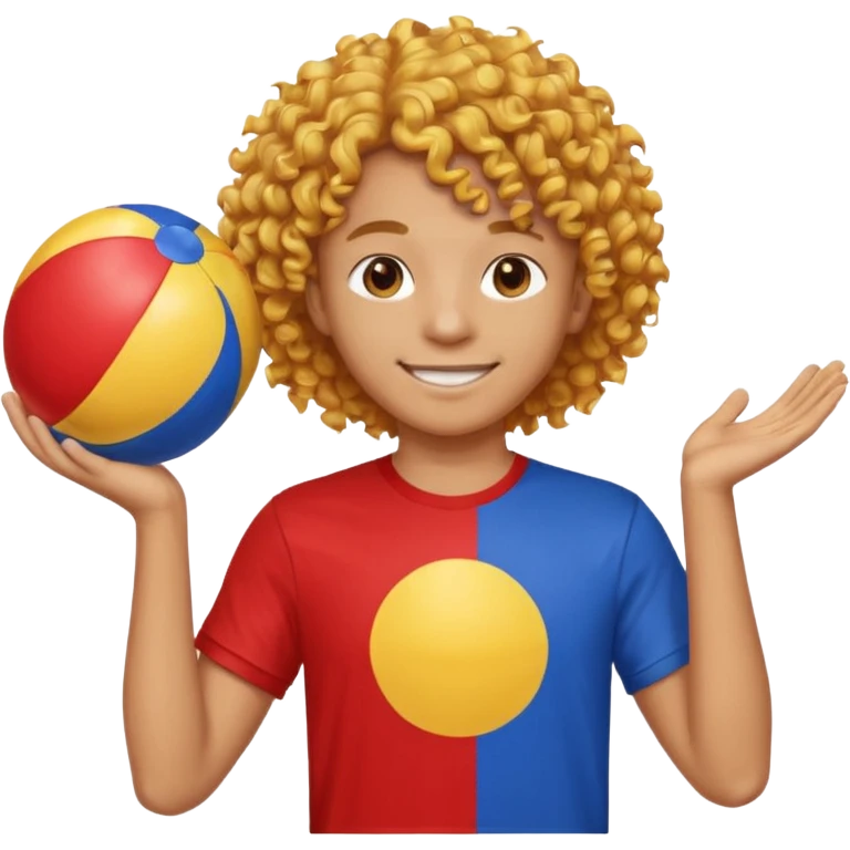 una persona de 18 años marron clarito con el pelo amrillo rizado con una camiseta roja y azul con un logo circular dorado y levantando un balon de playa emoji