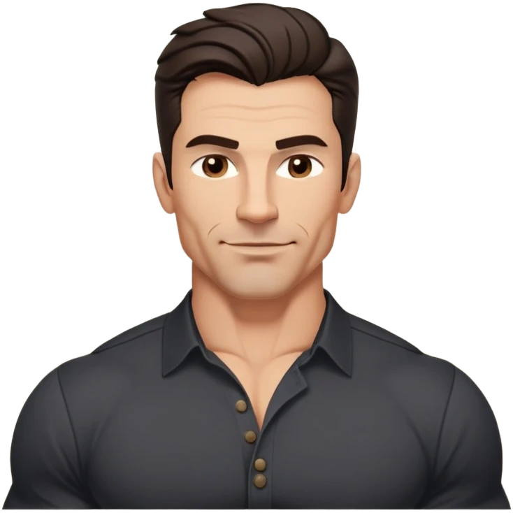 Muscular buff man in his 40s with youthful appearance, light brown skin, elongated face, defined jawline, attractive smirk, medium dark eyes, arched eyebrows, straight nose, strong broad shoulders, medium wavy dark hair with modern style, wearing a black buttoned-up shirt emoji