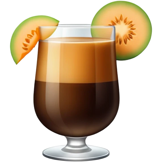 dark coffee carajillo drink in a glass with a slice of cantaloupe melon on the side emoji