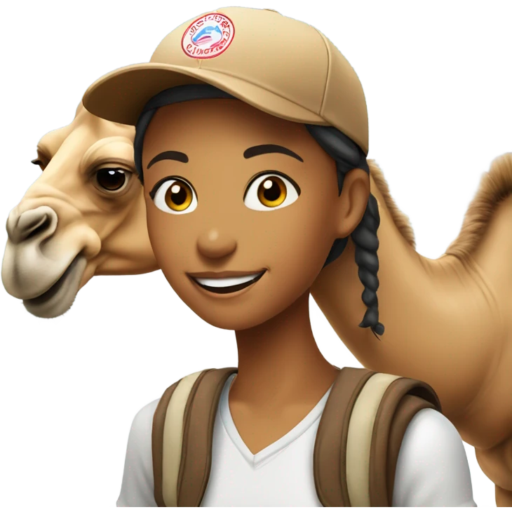 smiling girl in baseball cap on a camel emoji