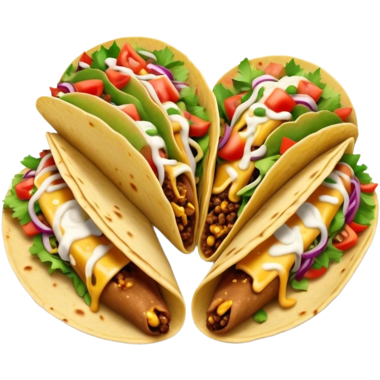 Cinematic vibrant tacos, warm soft shells filled with flavorful meats, fresh vegetables, cheese, and zesty salsa, colorful and lively, ultra-detailed and appetizing. emoji