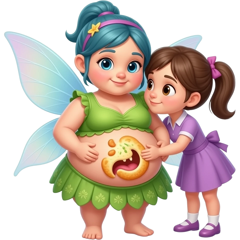 A fairy cradling her stuffed tummy after a big meal,a secret admirer wants to hug her belly and listen to those rumbling digestive noises. emoji
