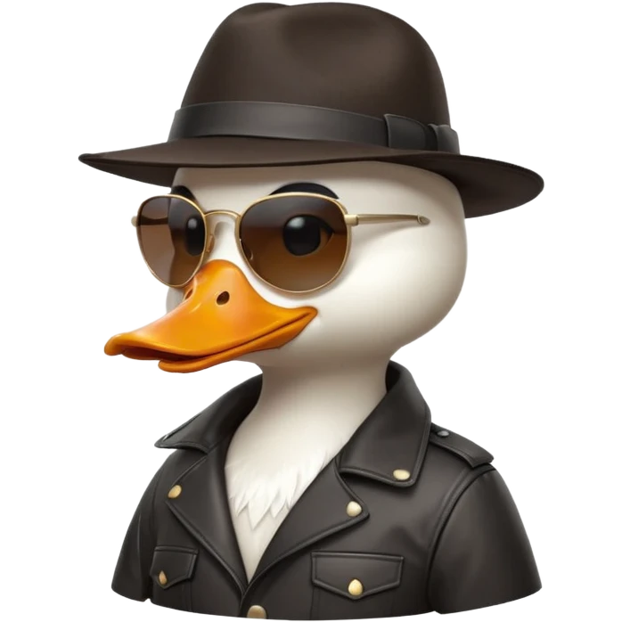 Cute white anthropomorphic duck gangster in black fedora hat, large sunglasses, orange beak, leather jacket. Glossy 3D cartoon emoji style, vibrant, detailed feathers/textures, side profile pose, transparent PNG background, ultra-detailed 8k, no text.
 emoji