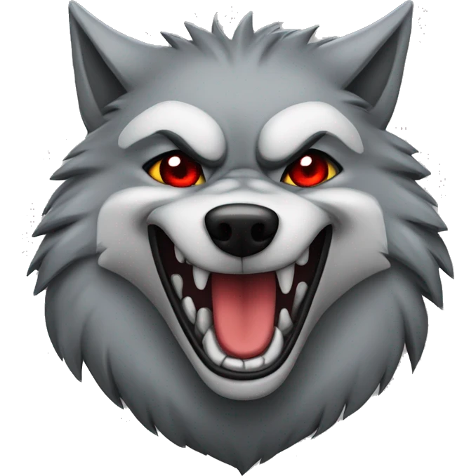 head of a badass wolf smiling at the camera. Gray fur red eyes emoji