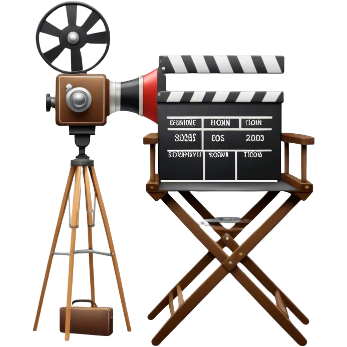 Icon for Directing: a director's chair, a film clapperboard, large movie camera, vintage megaphone and a stage with a spotlight. The icon should represent the creative and organizational aspects of directing, with focus on storytelling, staging, and performance. Transparent background. emoji
