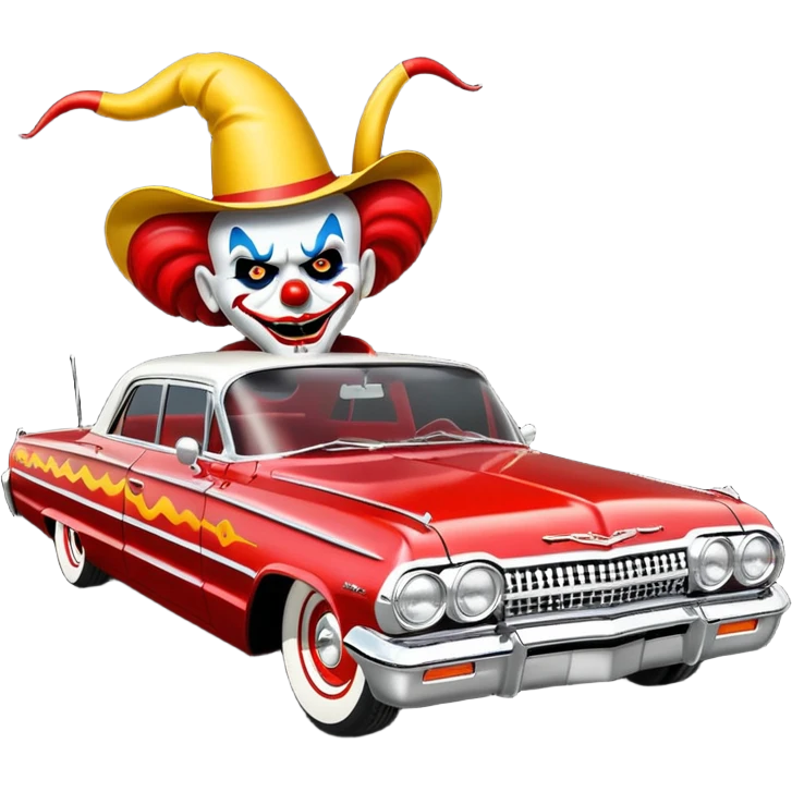 Satan’s streamlined Hot rod custom 1964 impala low rider four door clown painted hood  side-mounted under-door chrome exhaust pipes driving straight to hell  emoji