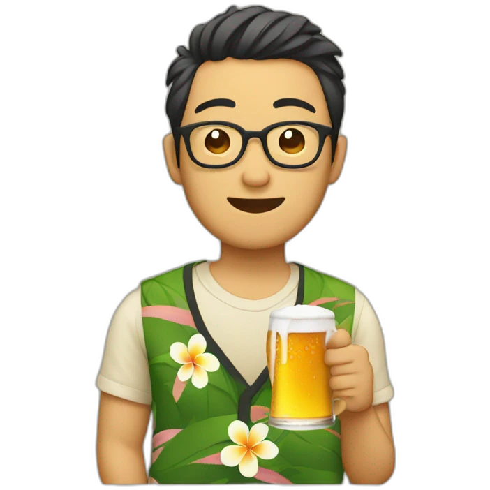 Japanese wearing glasses alohashirt is holding beer emoji