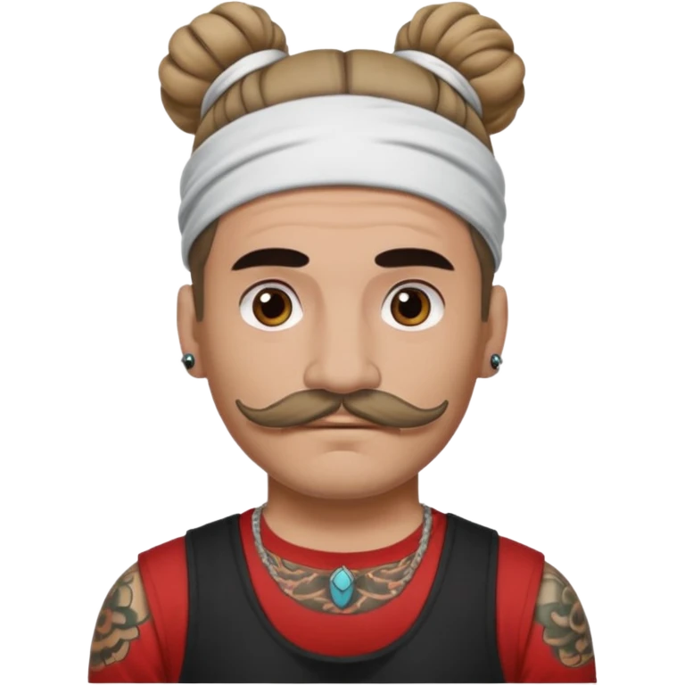 single bun hair man and mustache and face tattoos very heavy and headband emoji