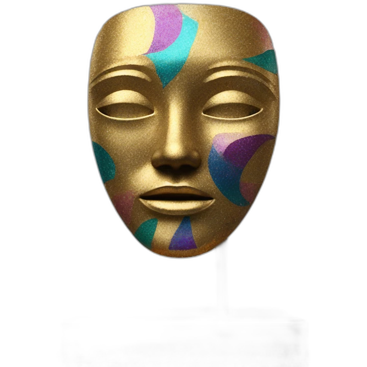 modern sculpture abstract colorful figures with a mask on a golden glittering pedestal zoomed out view of the entire statue, 4K resolution emoji