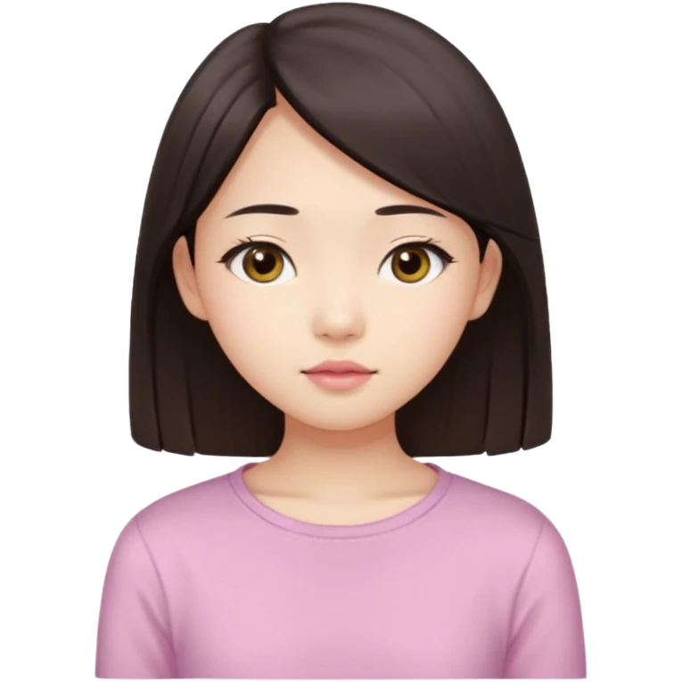 Asian girl, 17 years old, fair skin, oval face, big brown eyes, long straight dark brown hair, soft pink lips, calm expression, wearing a pale yellow top, portrait from head to chest, white background. emoji