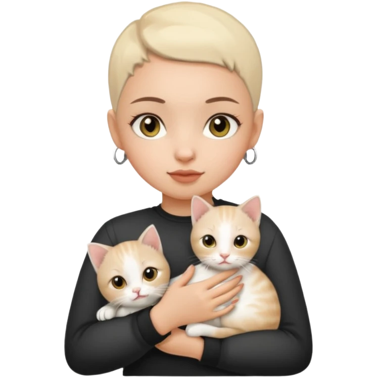 WHITE CAT, HAZEL EYES , BLACK BUZZ CUT LIGHT SKIN ROUND FACE GIRL hold kitten white  emoji