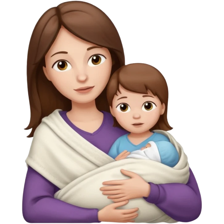 A white-skinned mother with brown hair holds her baby with white skin and brown hair in her arms, the baby is wrapped in a white blanket emoji