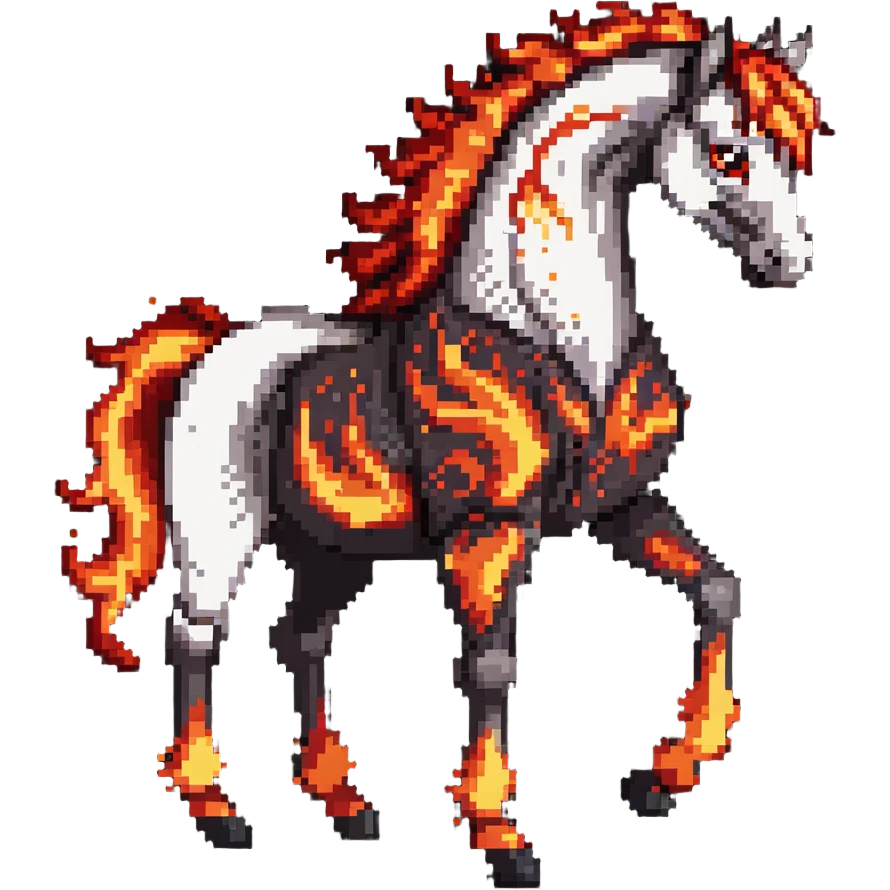 A red fire horse made of embers and magma, with visible lava flowing through its body, flames burning off its mane and tail, and ash particles surrounding it emoji