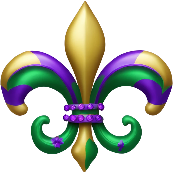 the words “Mardi Gras” with a purple, green and gold glitter fleur de lis  emoji