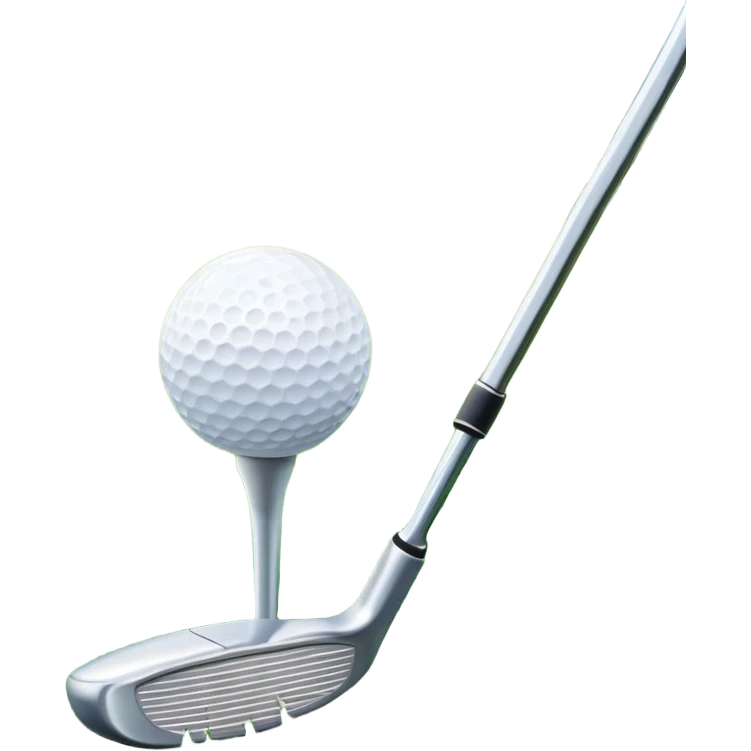 A golf ball on a tee, with a golf club placed beside it on the lush green fairway. The background shows a serene golf course with neatly trimmed grass and a clear blue sky, emphasizing the elegance and precision of the game. emoji