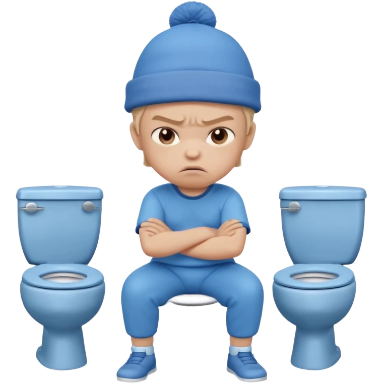 3D cartoon child with a slightly different face, wearing the same style blue hat and blue outfit, sitting on a toilet, angry expression, arms crossed, pastel children’s animation style." emoji