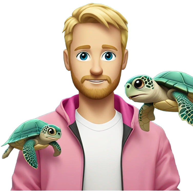 Blond man with beard and short spiked hair, blue eyes, wearing a white shirt and pink zip up wind breaker, white watch, holding a sea turtle with big eyes to the side  emoji