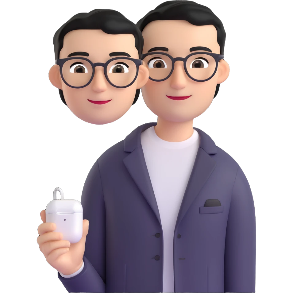 Memoji-style 3D cartoon male avatar, light skin, short black hair, side part, large round black eyes, thin arched eyebrows, small sharp nose, smiling mouth, thin round glasses, silver AirPods Max, black blazer, white T-shirt, smart relaxed, curious and attentive, podcast host emoji