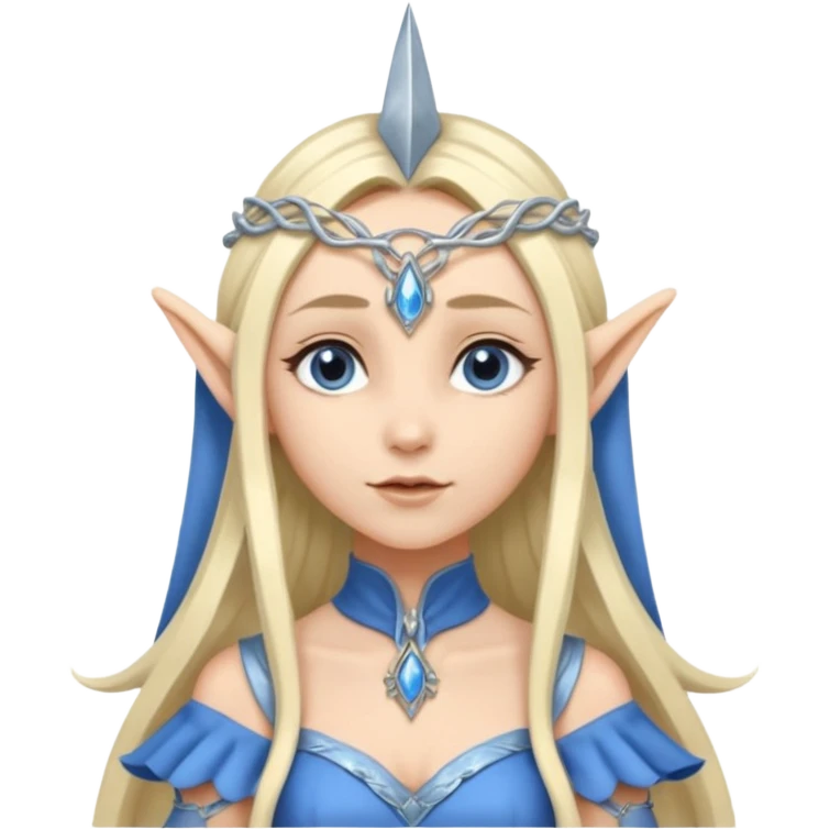 a girl elf with very long blond hair and a twisted headpiece, she's got pointy ears and a blue/silver dress emoji