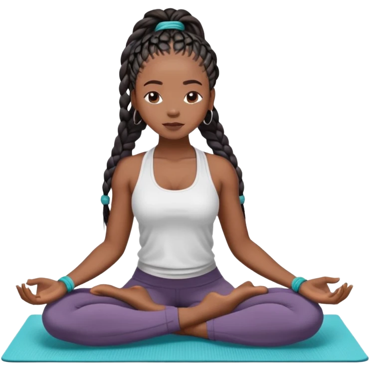 A dark-skinned Black woman with long box braids, sitting cross-legged on a yoga mat, eyes closed, hands on knees, wearing a fitted yoga set. emoji