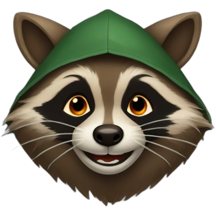 brown raccoon with orange eyes and a dark green hood that is laughing emoji